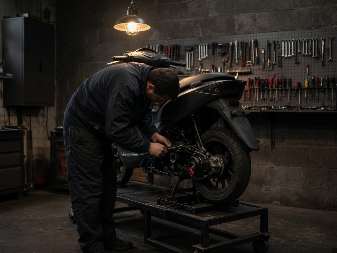 Monteur van RBwheels repareert een scooter in de werkplaats